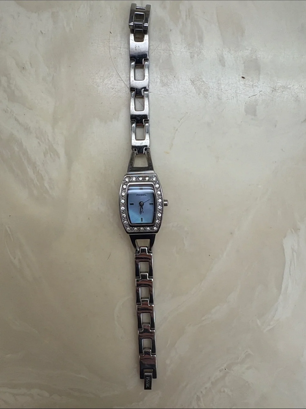 Fossil Silver Bracelet Watch with Mother of Pearl Dial and Crystal Bezel